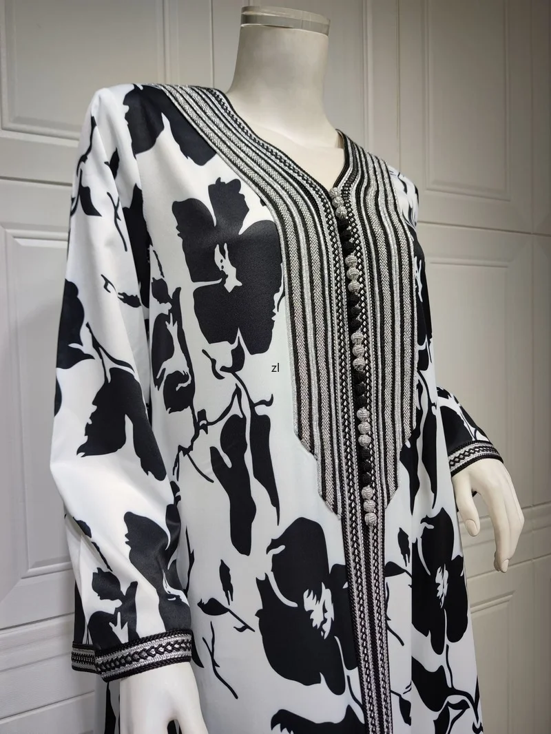 Elegant Ethnic Print Maxi Dresses For Women 2022 New Muslim Jalabiya Gown Dubai Abaya Moroccan Caftan Boubou Robe Clothes