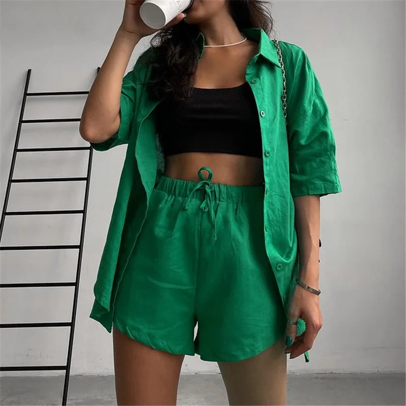 

Summer Casual Tracksuit Home Wear Women's Shorts Suits Streetwear Short Sleeve Shirt Tops Drawstring Mini Shorts Two Piece Set