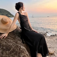 new women black one shoulder dress summer 2022 runway elegant korean backless maxi dress beach vacation party night long vestido