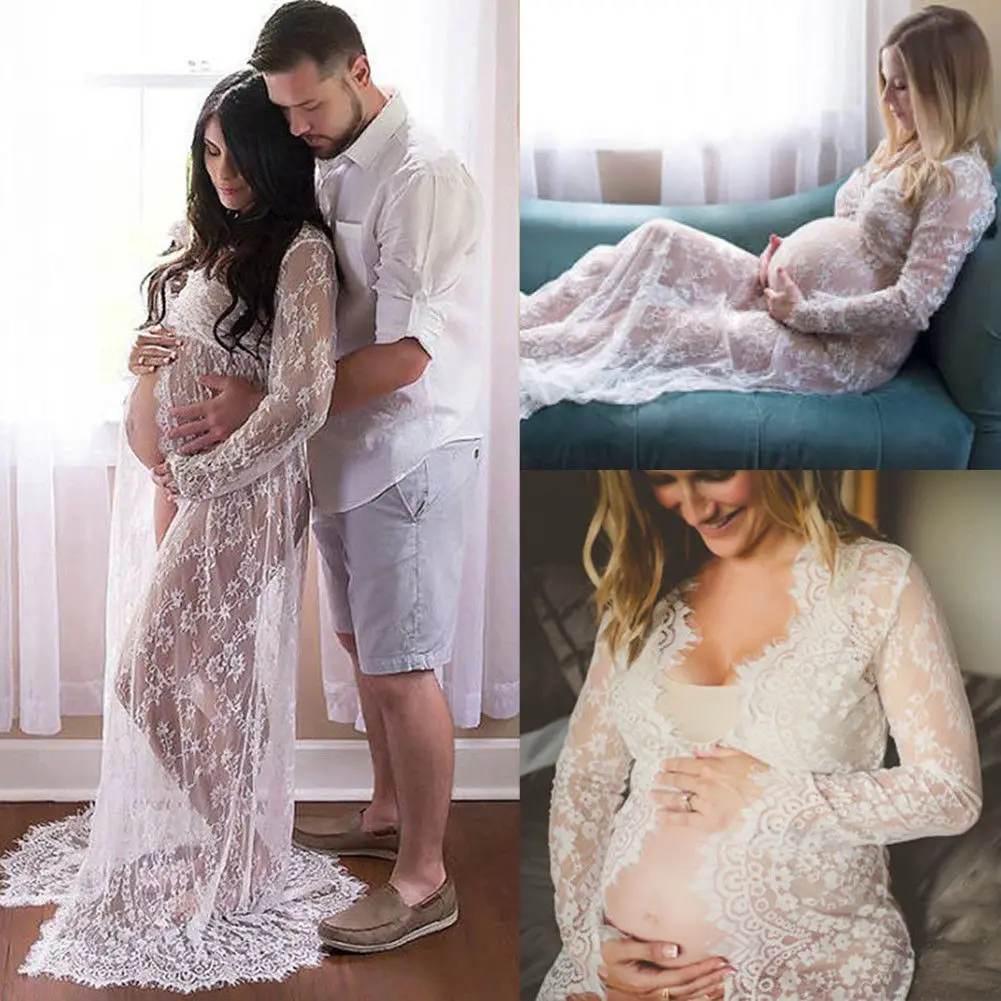 

Summer Pregnant Lace Dress Gown Photography Prop See Through Dress Women Front Split Long Maxi Maternity Black&White Lace Dress