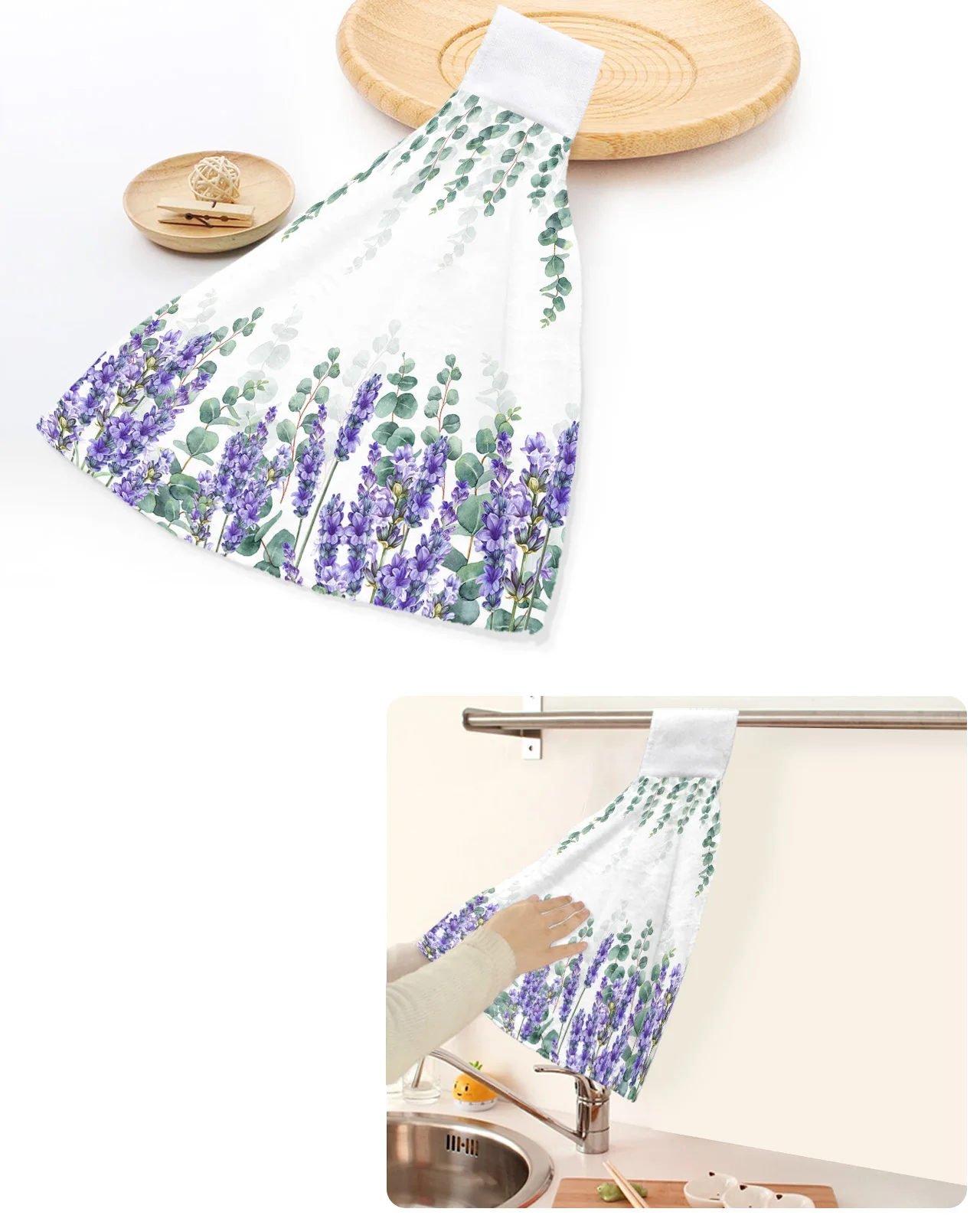 

Eucalyptus Leaves Lavender Flower Plant Hand Towels Home Kitchen Bathroom Hanging Dishcloths Loops Absorbent Custom Wipe Towel