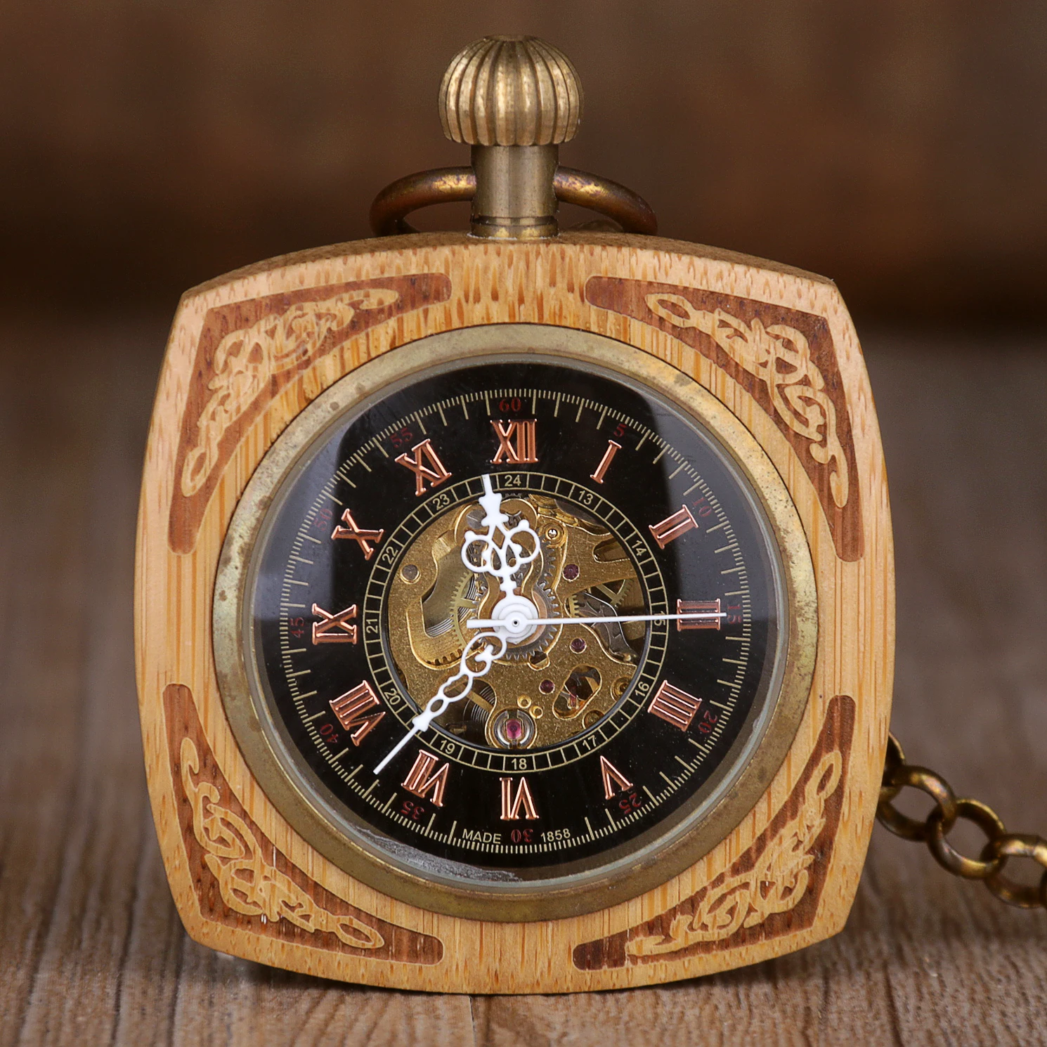 Square Wooden Vintage Mechanical Pocket Watch Roman Numeral Display With Chain Pendant Men's Ladies Gift