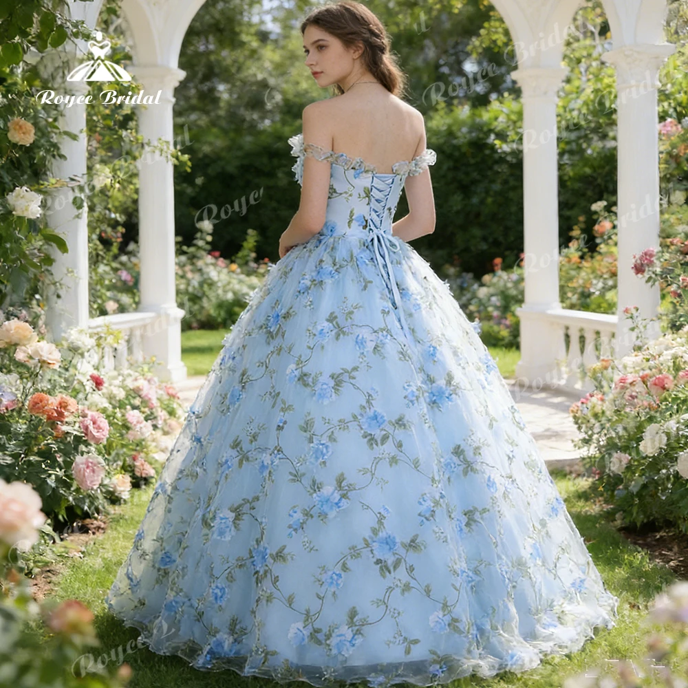 Фото Роскошное вечернее платье Roycebridal Garden Fairy для выпускного вечера, без бретелек, светло-голубое, в стиле бохо, сине-зеленое, с цветочным узором, на заказ №2