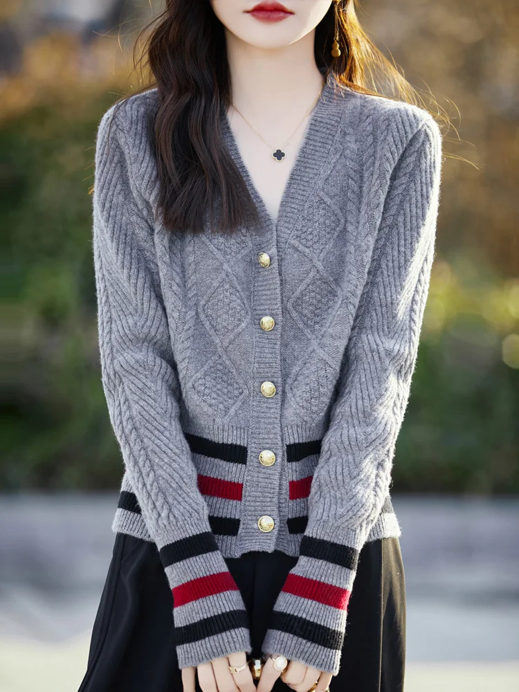 Осенне-зимний женский кардиган с V-образным вырезом в стиле преппи свитер из 100%