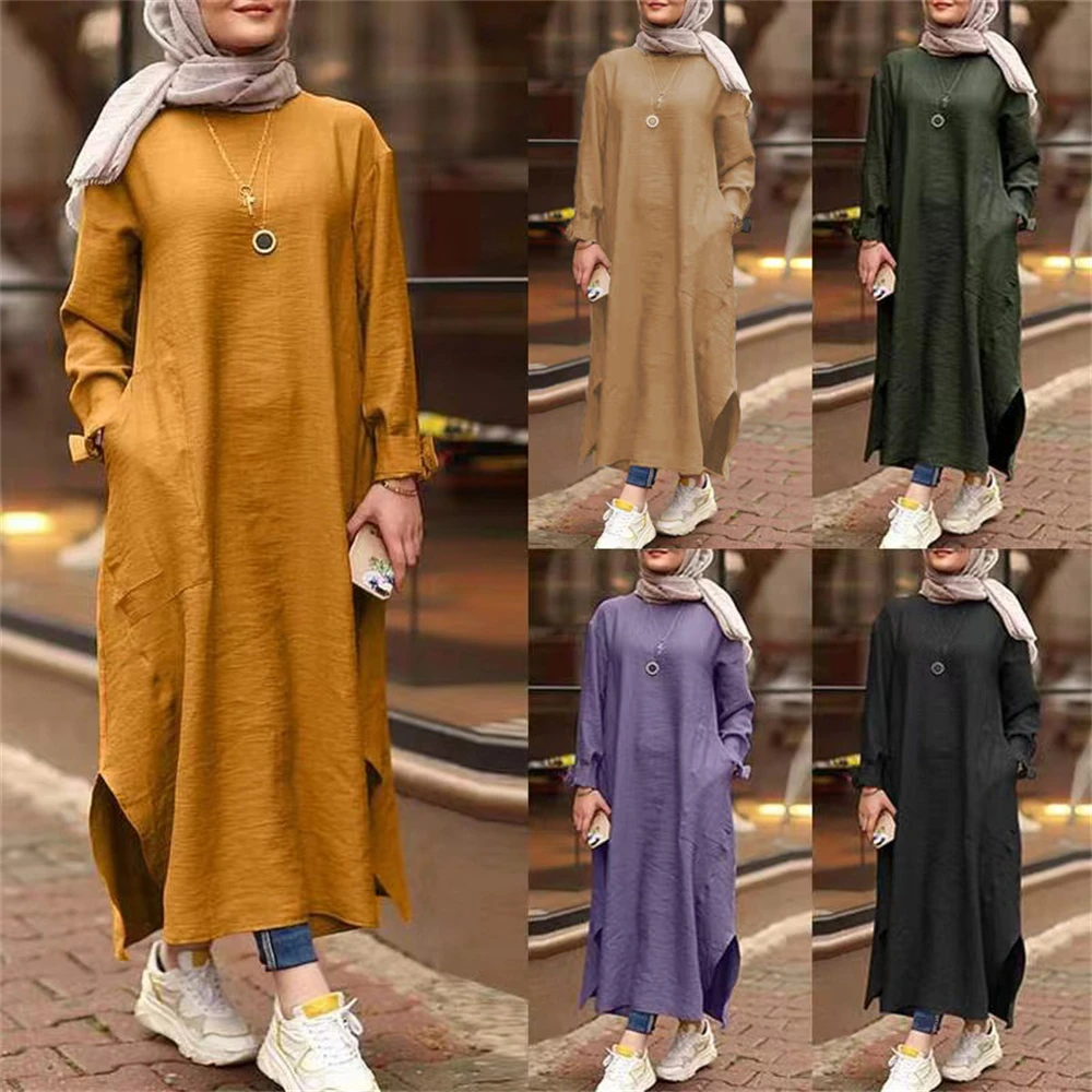 Мусульманский женский однотонный халат, винтажное платье с разрезом, повседневная абайя с длинным рукавом, модные платья, женские платья 2022...