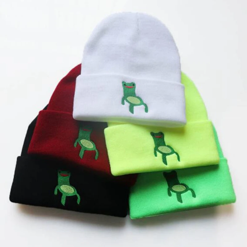 

New Fashion Autumn And Winter Elastic Frog Embroidery Knitted Hat Wool Hat Student Pullover Warm Cold Hat Men And Women Cold Hat
