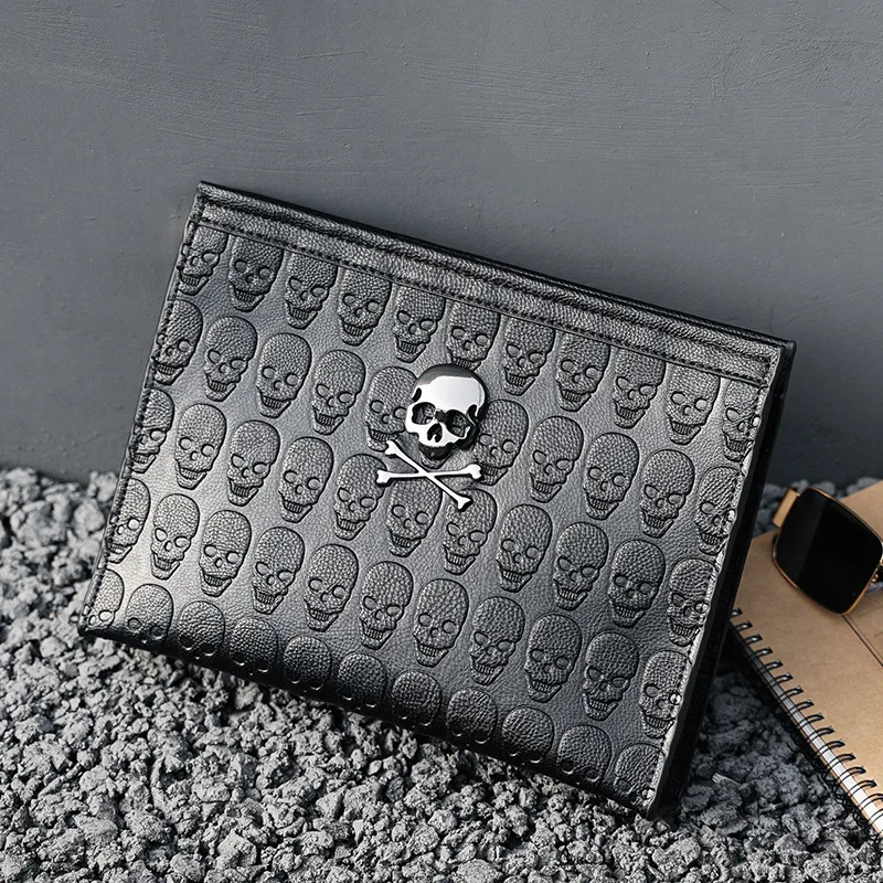 Fashion Rock Style Men's Clutch Bag Embossing Skull Leather Clutch Men Handbags Luxury Business Hand Bag Male Ipad Bag Purse