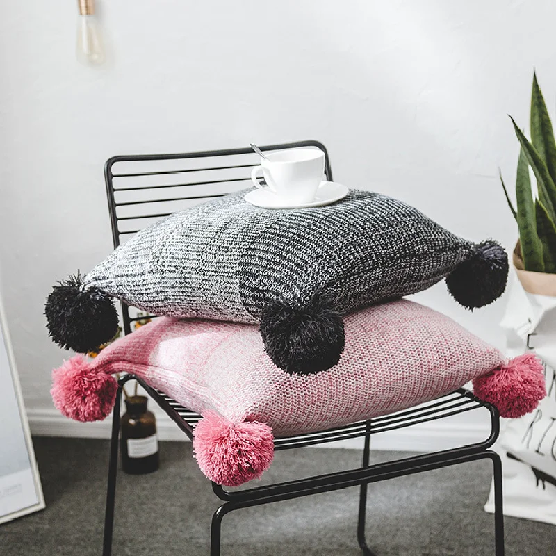 

Pompoms Design Cushion Cover 45x45cm Gradient Color Knitted Pillow Cover for Car Sofa Bed Home Decoration Pillow Case