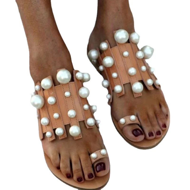 

2022 Summer Women Flats Slippers Fashion Pearl Women's Sandals Casual Flip Flops Ladies Plus Size 43 Beach Slippers Female