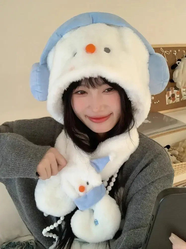 Милая плюшевая шапка со снеговиком женская осенне-зимняя толстая теплая с
