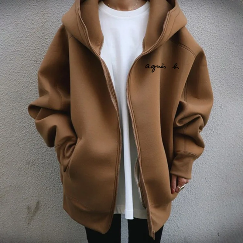 

Autumn Winter Jacket Women 2022 Khaki Letter Zipper Hooded Coat Korean Style Office Lady Mid-Length Loose Long Sleeve Cardigan