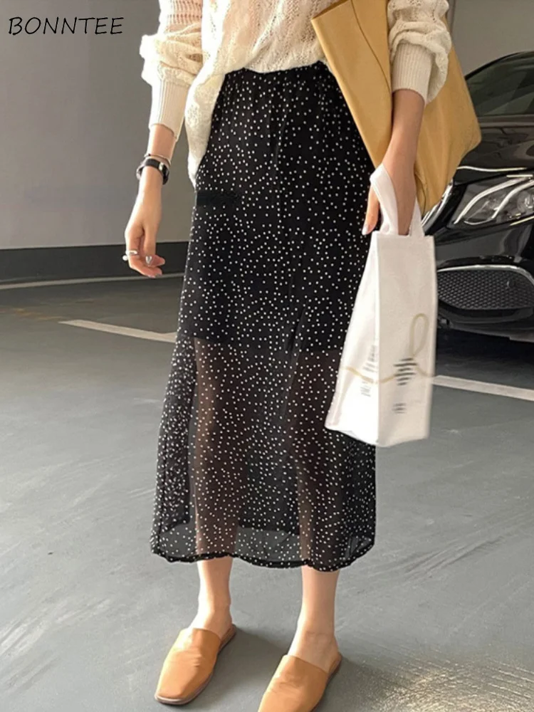

Skirts Women Slit Retro Simple Classic Dot Design All-match Breathable Casual Summer Temperament Midi Faldas Korean Style Ladies
