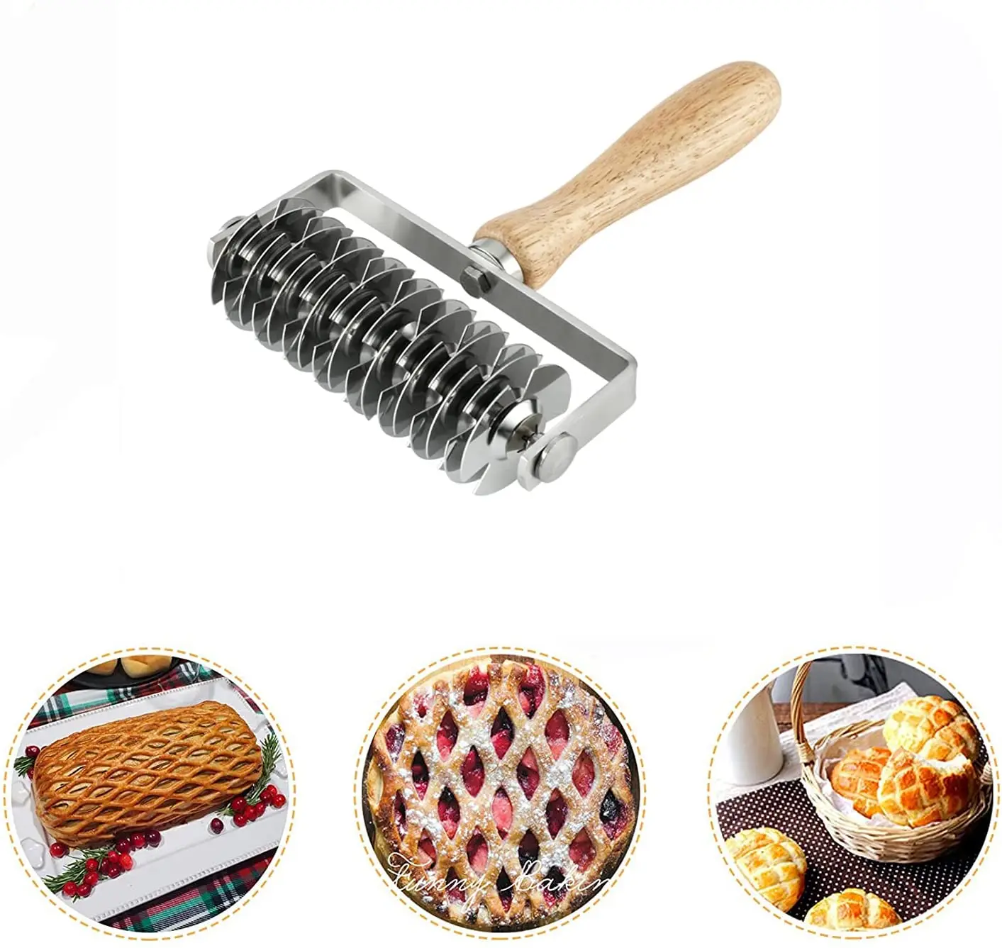 

stainless steel dough lattice top pizza bread pastry cookie pie crust roller cutter with wood handle