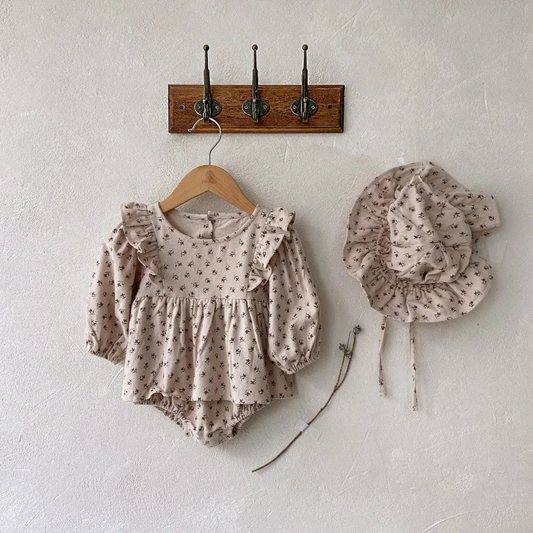 

2022 Infant Baby Girls Autumn Long Sleeve Floral O-neck Bodysuits Ruffle Newborn Jumpsuits Toddler Clothes Gift Hat