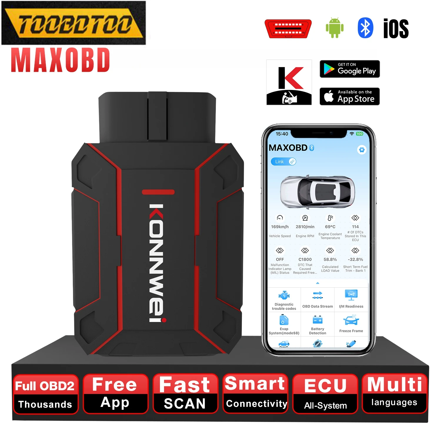 

KONNWEI MAXOBD OBD2 полный системный сканер диагностический инструмент для iOS Android двигатель ABS сигнализация считыватель кодов неисправностей