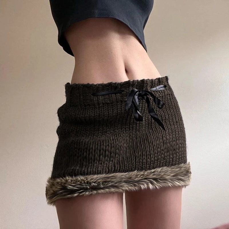 

Spring Slim Fashion Sexy Low Waist Drawstring Casual Vintage Short Pencil Skirt Women Girl Knitting Skirts Skinny Mini Skirt