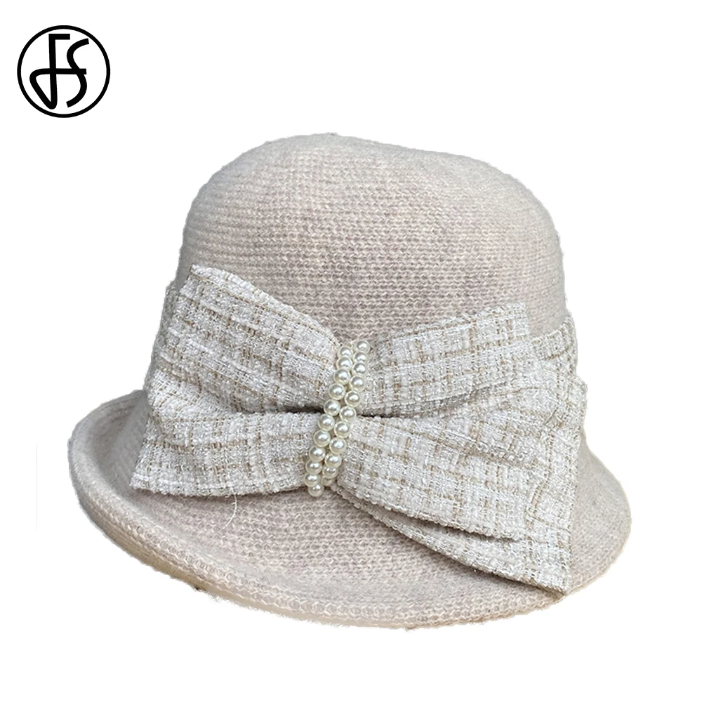 

FS французский бежевый хаки бант Fedora шляпа модный универсальный кудрявый край Bowler шапки зимние винтажные женские элегантные кепки Casquettes