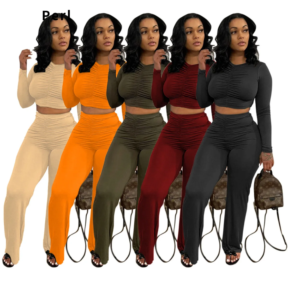 

Perl Women's Solid Color Casual Pleated Long-sleeved T-shirt Wide-leg Pants Suit Two Pieces Outfit Autumn Matching Set