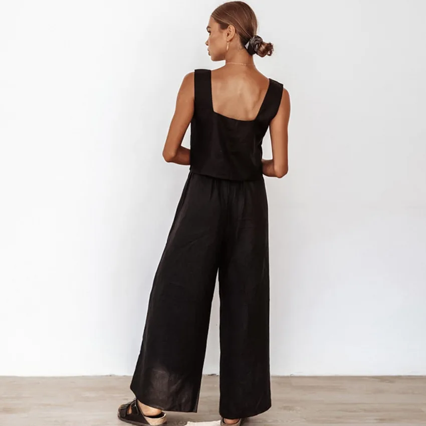 BKQU Tank Tops Women Pajama Flare Pants Nightwear Square Neck Sleepwear Women's Cotton Backless Home Suit Pure Color Female Set