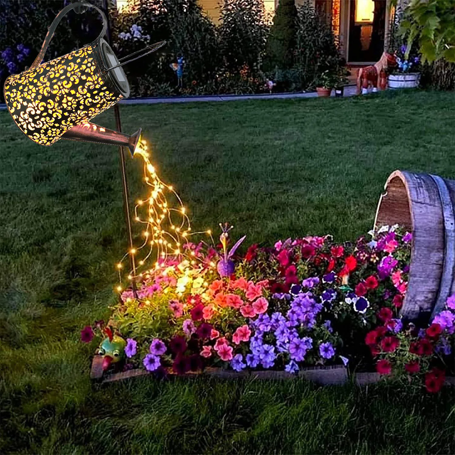 

Led Hollowed Solar Powered Energy Light Kettle Shower Iron Outdoor Decor Lawn Courtyard Indoor Garden Decorative Landscape Lamp