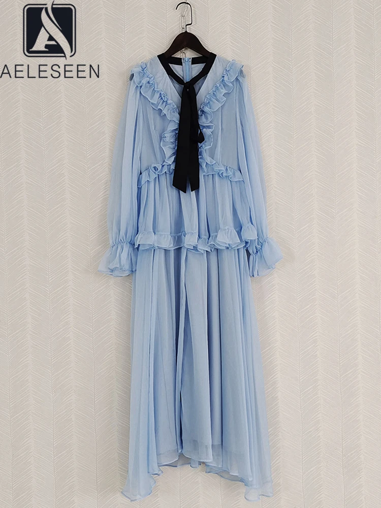 

AELESEEN Runway Fashion Women Dress Spring Summer V-neck Ruffles Bow Blue Lantern Sleeve Cascading Elegant Party Tulle