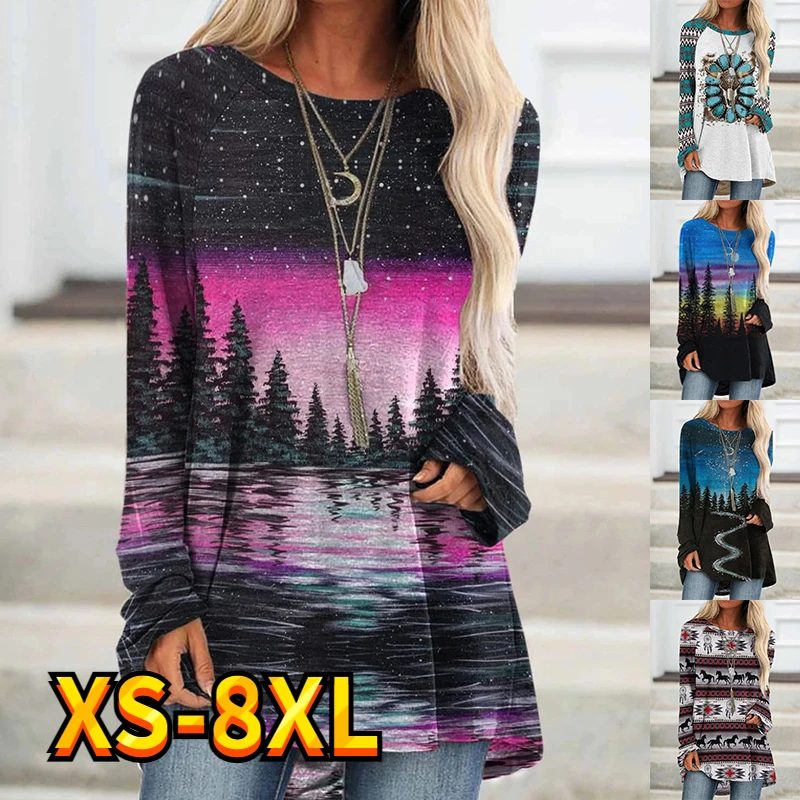 

Women's T shirt Tee Graphic Patterned Scenery Weekend Holiday Painting Long Sleeve Print Round Neck Basic Essential XS-8XL