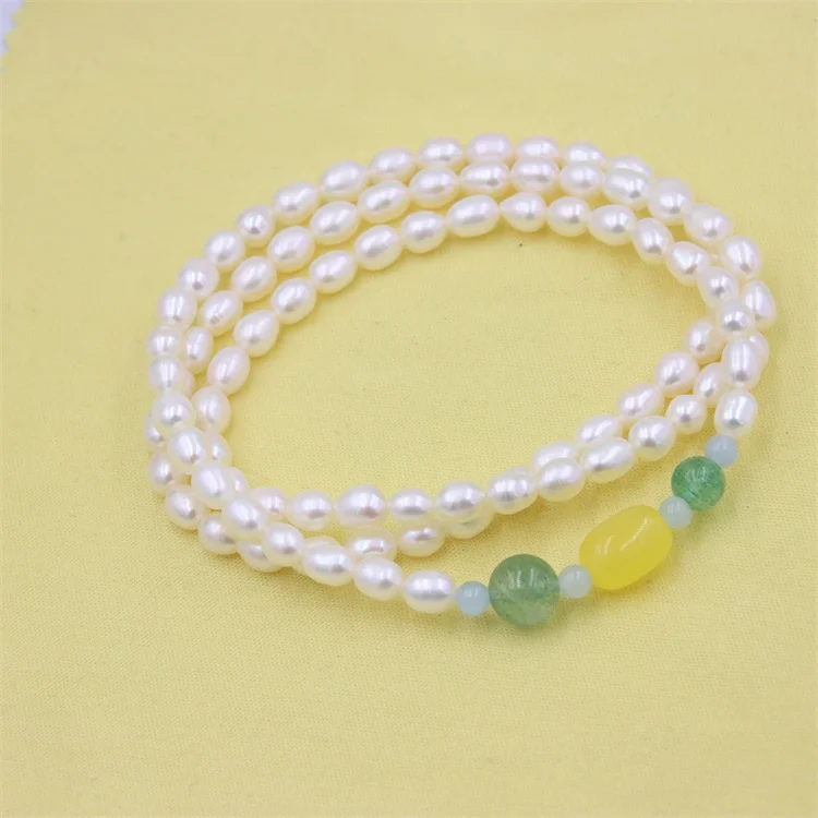 

3 Circle Natural Stone Aquamarine Green Strawberry Quartz Rice Waterfresh Pearl Elastic Rope Bracelets Jewelry For Women Gifts