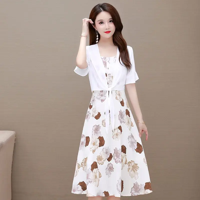 

2023 Summer Korean White Shirt Blouse Floral Chiffon Long Dresses Two Piece Suit Elegant Women's Dress Sets Female Outfit Q38