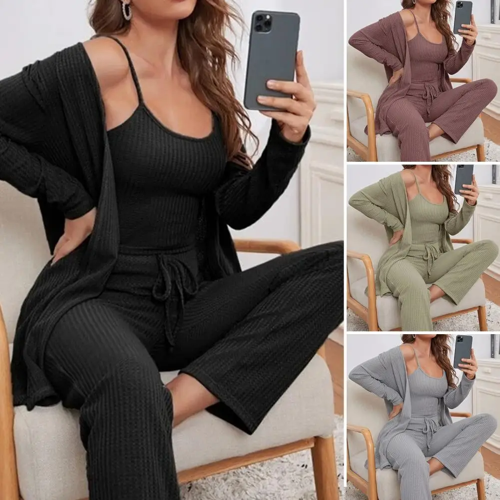 

Vrouwen Sexy Mouwloze Tank Crop Top Met Been Taille Broek + Lange Mouwen Vest Jas 3 Delige Set Effen Kleur casual Gebreide Pak