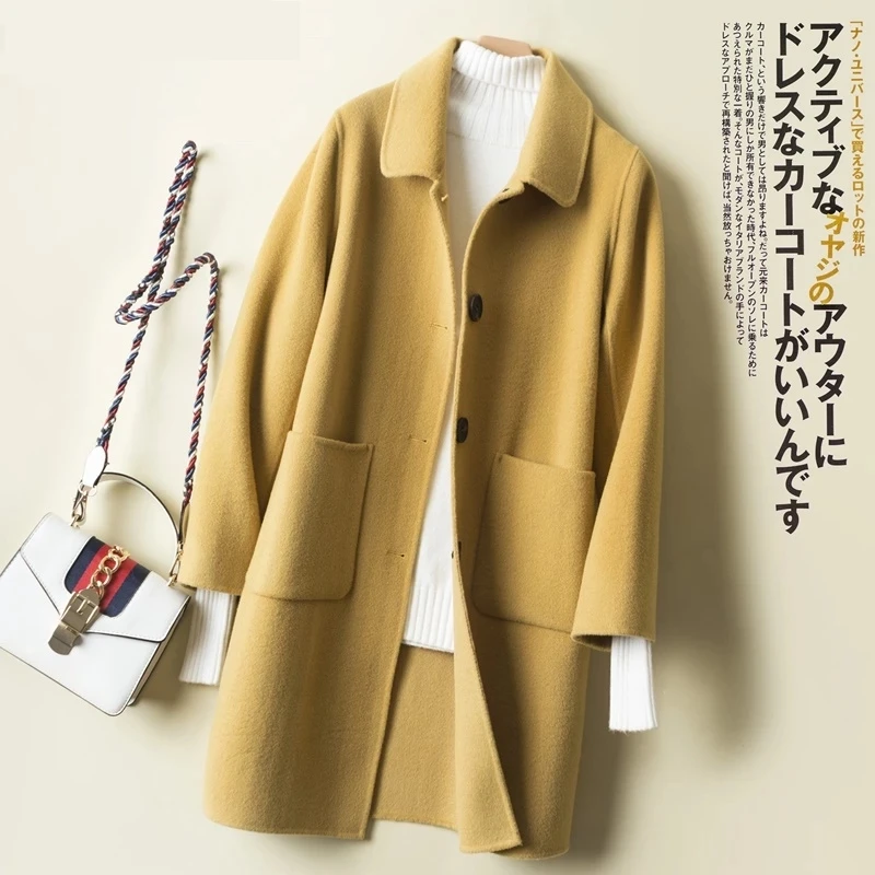 

2023 новое шерстяное пальто, Женское зимнее, Осеннее, двухстороннее, Кашемировое длинное пальто, черная, Желтая верхняя одежда, корейское, плотное, теплое Женское пальто, пальто