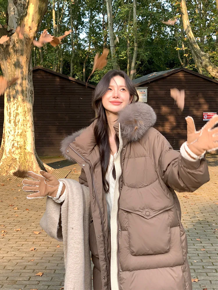 Пуховик с большим лисьим меховым воротником зимняя мода свободный пуховик