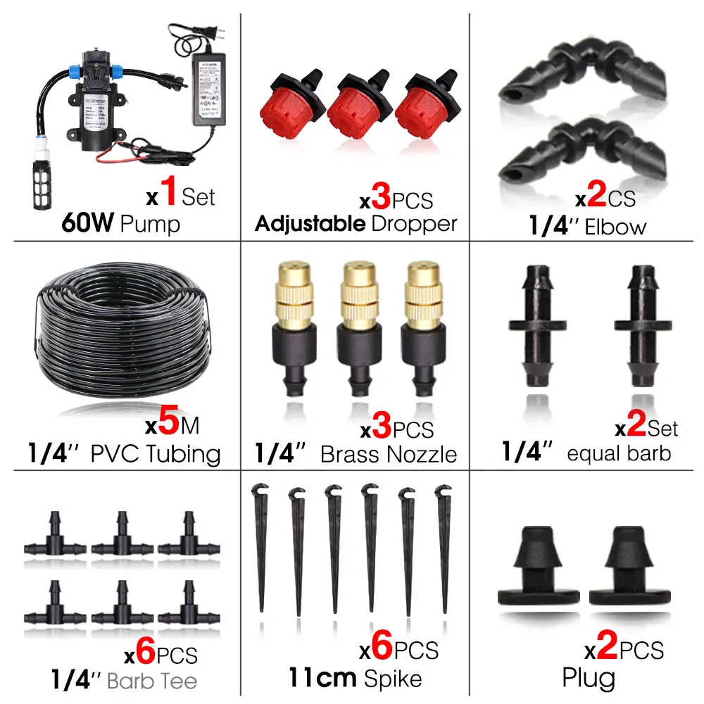 

45/60/80/100 Вт Самовсасывающий водяной насос под давлением Система капельного полива Садовая теплица Автоматическое запотевание Охлаждение Комплект для орошения