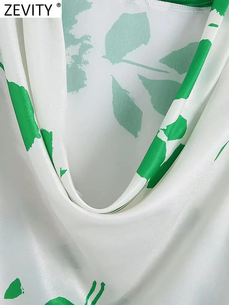 Zevity Женская мода ворсовый Воротник Плиссированные зеленые листья принт атласная