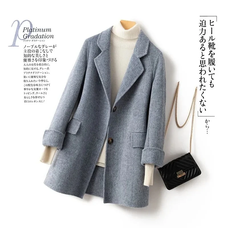 

Mid-length Double Sided Woolen Jacket 2022 Autumn Winter Loose Women Office Lady Outerwear Solid Pocket Woolen Coat Female Outw