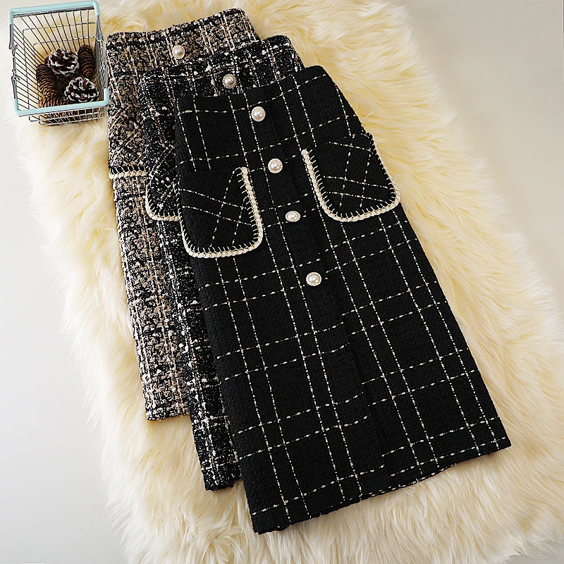 Ashgaily 2023 High Waist Tweed Skirts for Women Long Skirt Summer Chic Split Trumpet Elegant Skirt