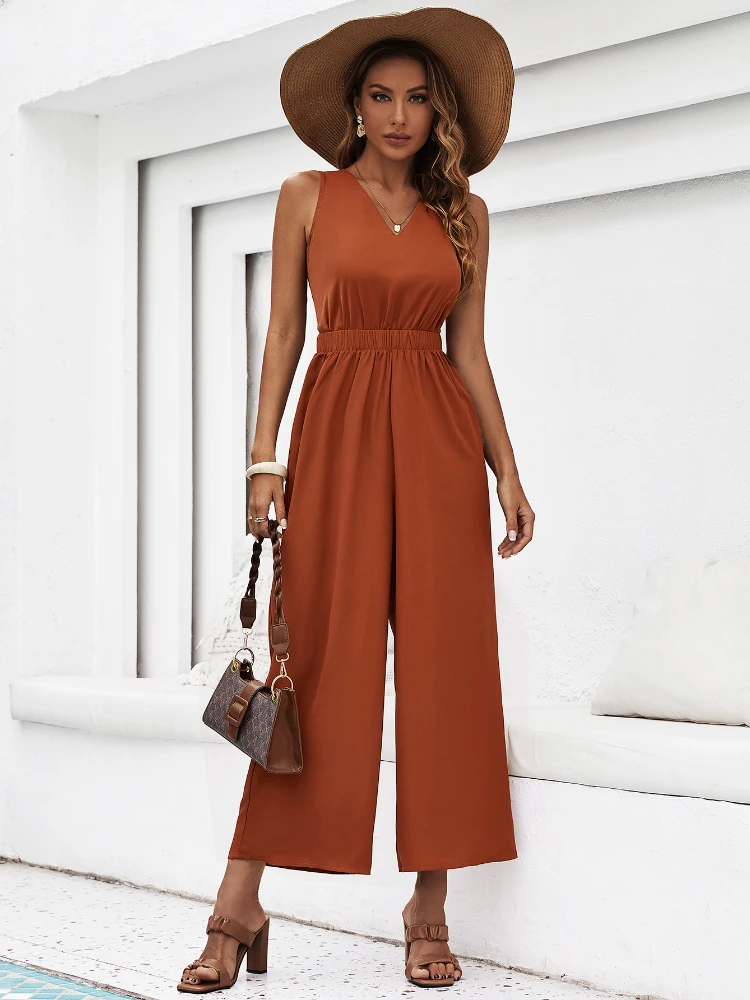 Women's Pants Summer Woman Jumpsuit New Fashion Loose and Sexy Sleeveless V-neck Solid Color Long Jumpsuit Clothes for Women