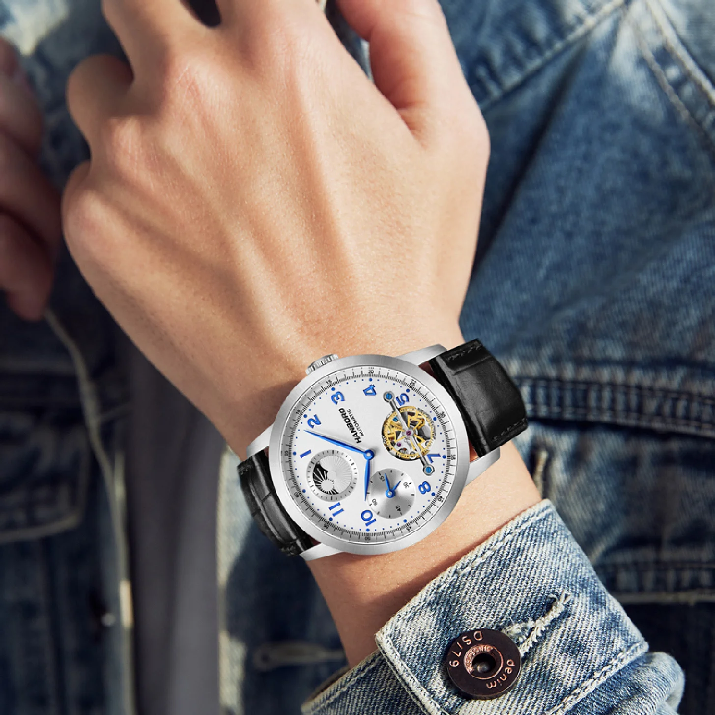 

Hanboro new Mens watch fully Automatic mechanical watches man lunar phase large dial fashion Clock leather strap reloj hombre