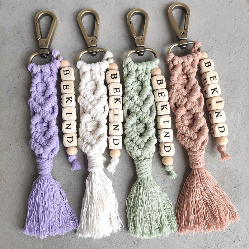 

Morandi Color Macrame Tassel Keychain Wholesale Braided Key Chain for Women MAMA Beads Handmade Boho Keychain Mother Day Gift