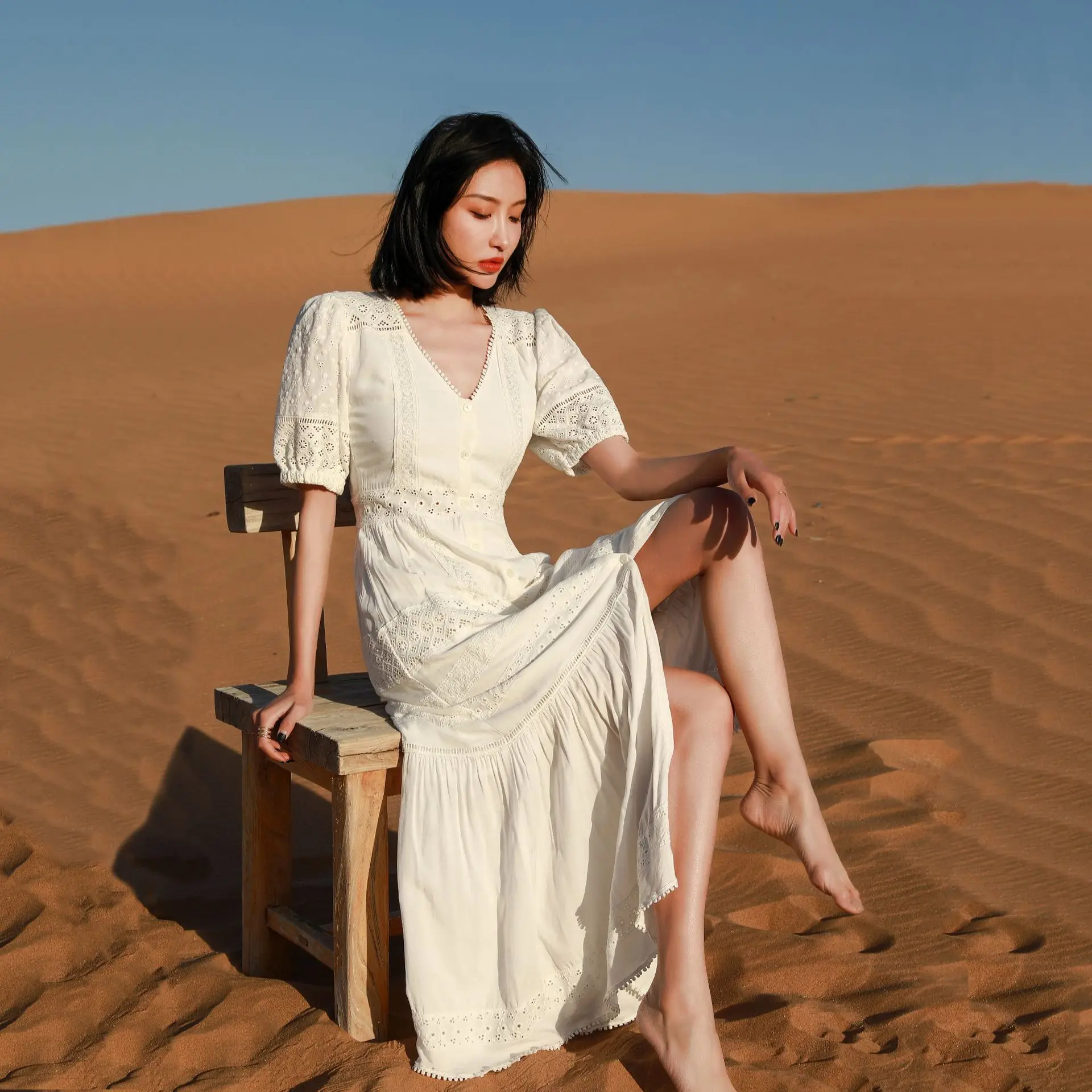 

Женское винтажное длинное платье, элегантное белое пляжное праздничное платье в богемном стиле, в Корейском стиле, лето 2023