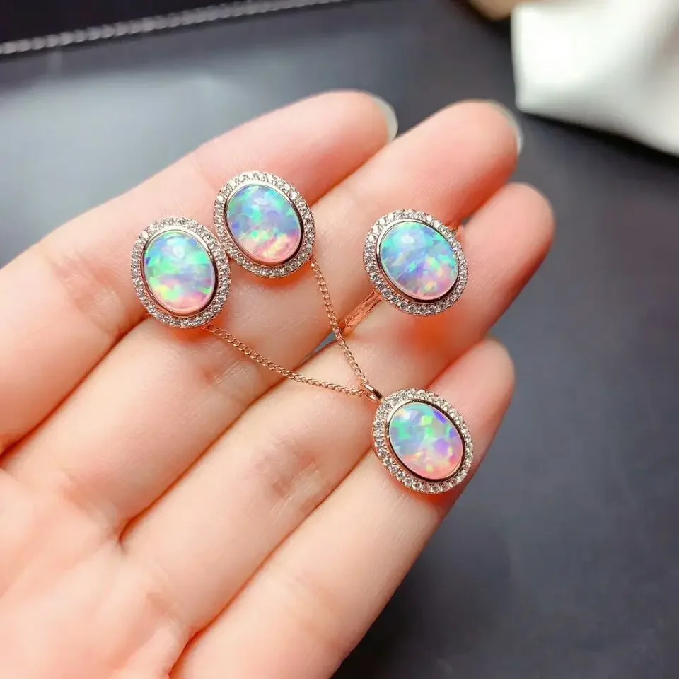 Серьги-эллипсы с натуральным опалом и драгоценным камнем кольцо ожерелье