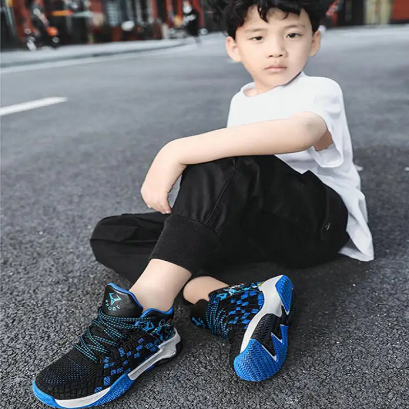 Breathable flying woven children's shoes High top Student sneakers Tennis Comfortable outdoor running shoe Boys' basketball shoe