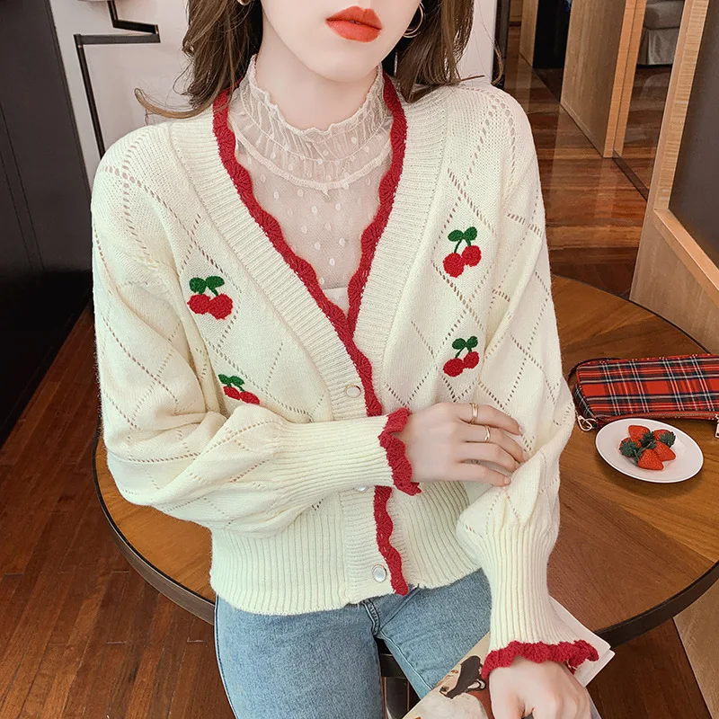 

Apricot Cherry Lace Knitted Cardigans Sweet Girls V-Neck Loose Casual Sweaters Single Breasted Chic New Spring Autumn Women Tops