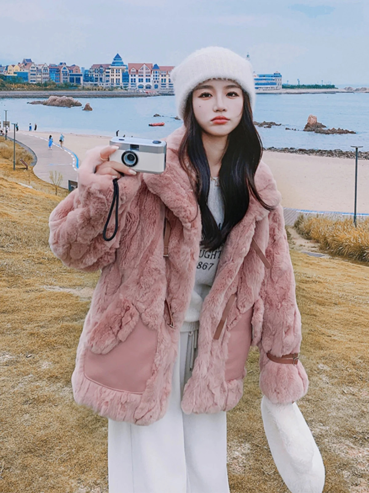 Верхняя одежда из интегрированного меха розового женская короткая осень и зима