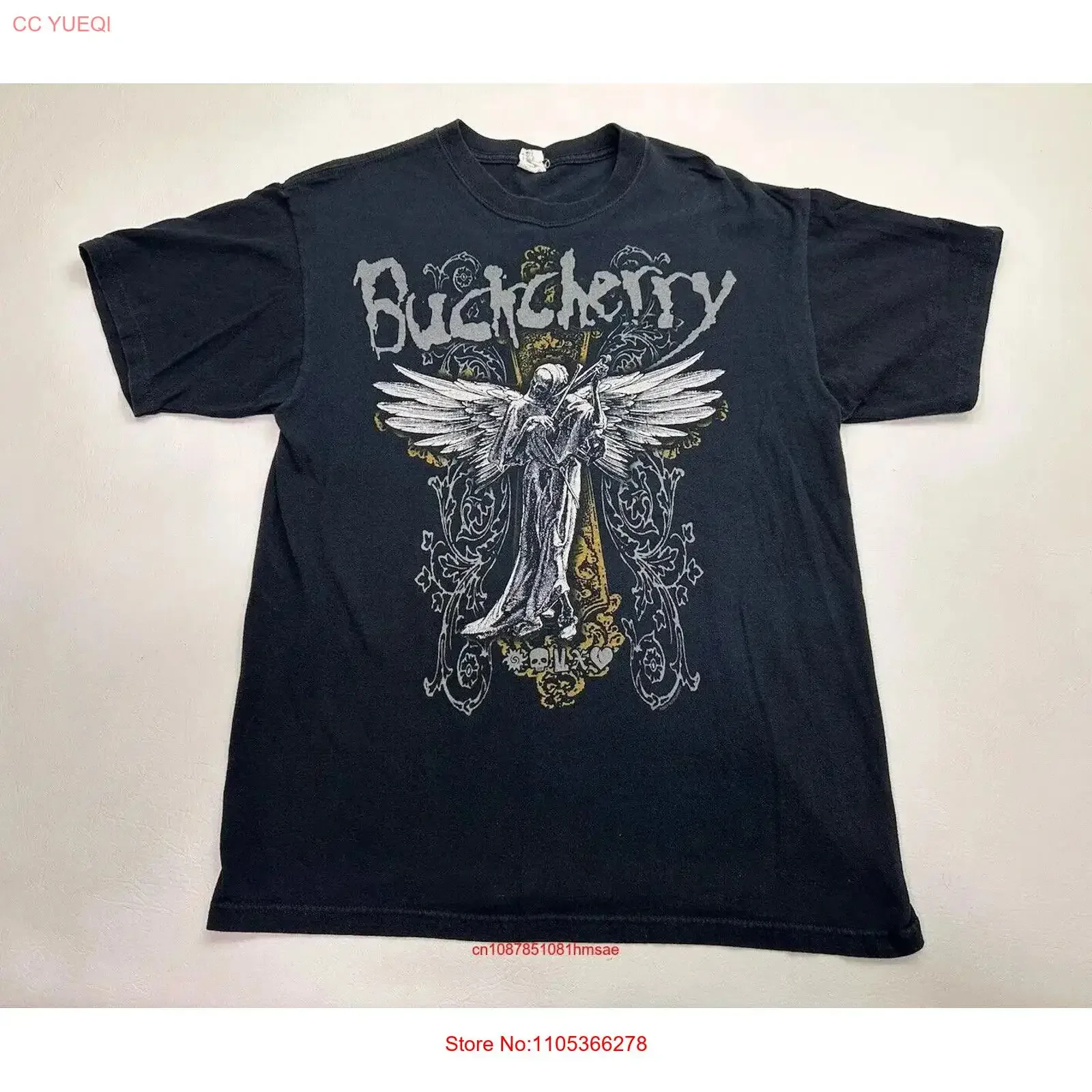 Фото Винтажная футболка Buckcherry с принтом «Призрак» (Грим Рипер), двусторонняя, черная, хлопковая, размер L, в стиле Y2K, винтажная, с эффектом потертости, стильный топ для повседневной носки №1