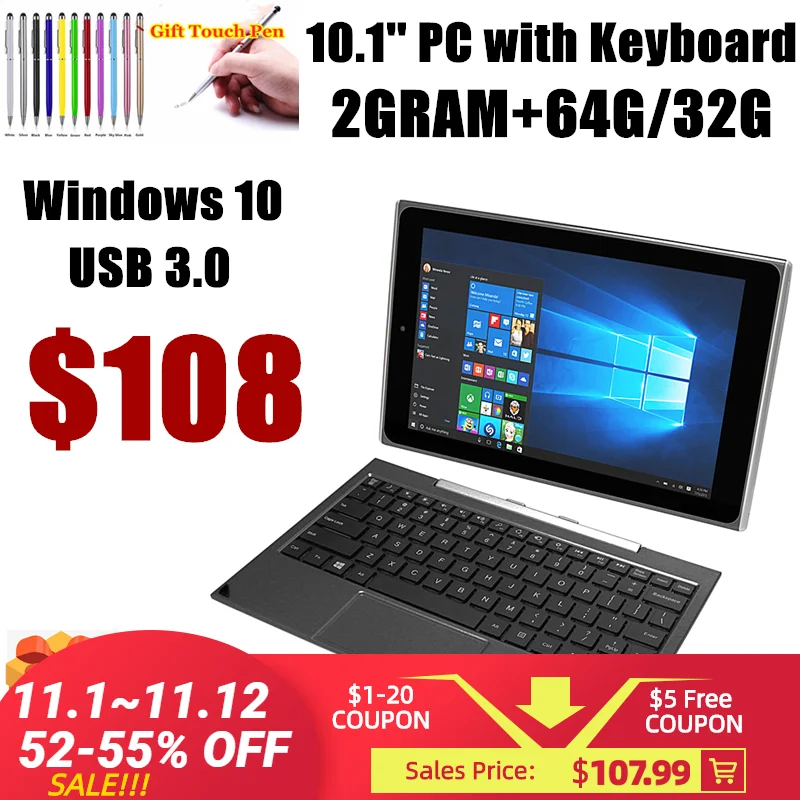 

828 Flash Sales 10.1 INCH 10K 2GB DDR+64GB Windows 10 Tablet with Keyboard 1280 x 800 IPS Dual Camera Quad Core HDMI-Com USB 3.0