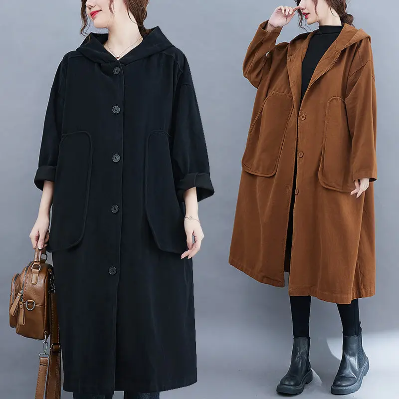 

Bat Sleeve Windbreaker Long Large Pocket Loose Coat Women's Hooded Commuter Autumn Winter Big Size Jacket Casual Outerwear T098