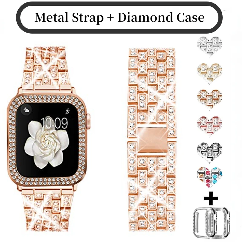 Metal Diamond Strap+Case For Apple watch 45mm 41mm 44 mm 42mm 40mm 38mm Women Bracelet Wristband For iWatch 8 7 6 5 4 SE Correa