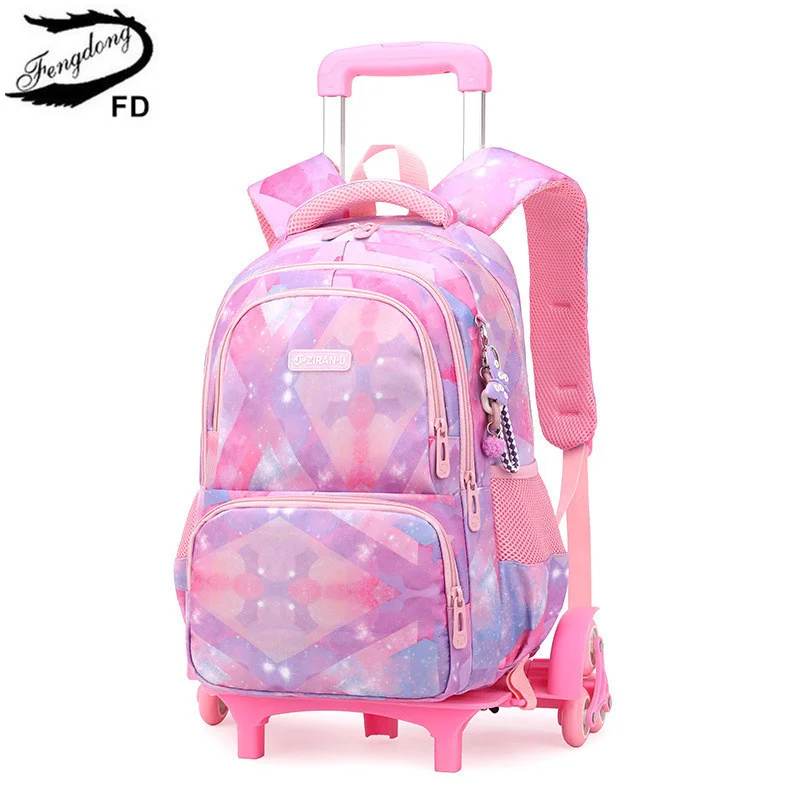 

Fengdong primary student trolley school backpack with 6 wheels cute elementary school bags for girls rolling back pack for kids