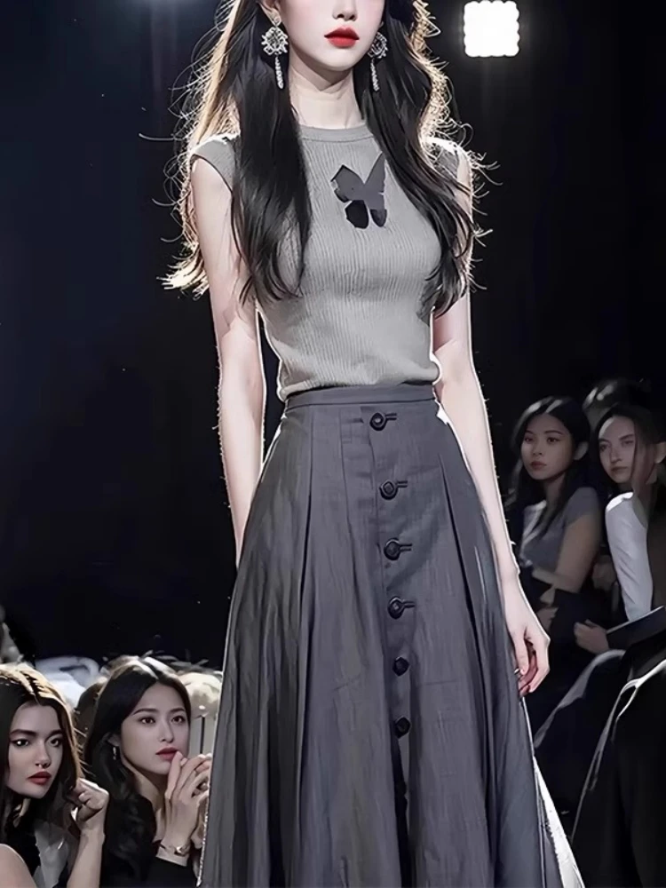 Корейская серия вязаная футболка без рукавов с круглым вырезом из вискозы