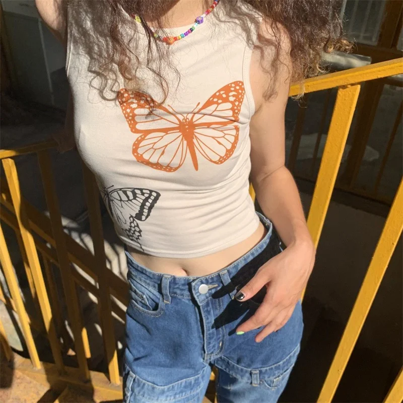 Американский топ в стиле ретро для девушек, жилет без рукавов, рубашки, новинка, короткий топ с круглым вырезом и принтом бабочки, сексуальный облегающий кроп-топ Y2K, R119